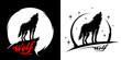 © JoelMasson - Black alpha male lone wolf with full moon silhouette. Wild animal at night graphic design illustration. Line art style wolves vector set.