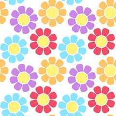 Wall Mural - Bright colorful multicolored flowers isolated on white background. Floral seamless pattern. Vector flat graphic illustration. Texture.