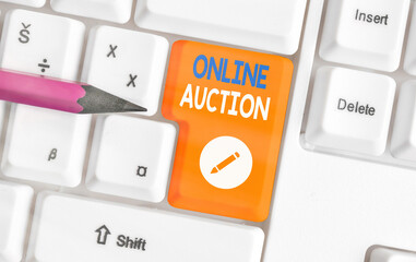 Word writing text Online Auction. Business photo showcasing digitized sale event which item is sold to the highest bidder