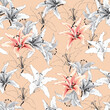 Seamless pattern vintage lilly flowers pastel background.Vector illustration.