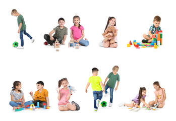 Wall Mural - Collage of cute little children playing on white background