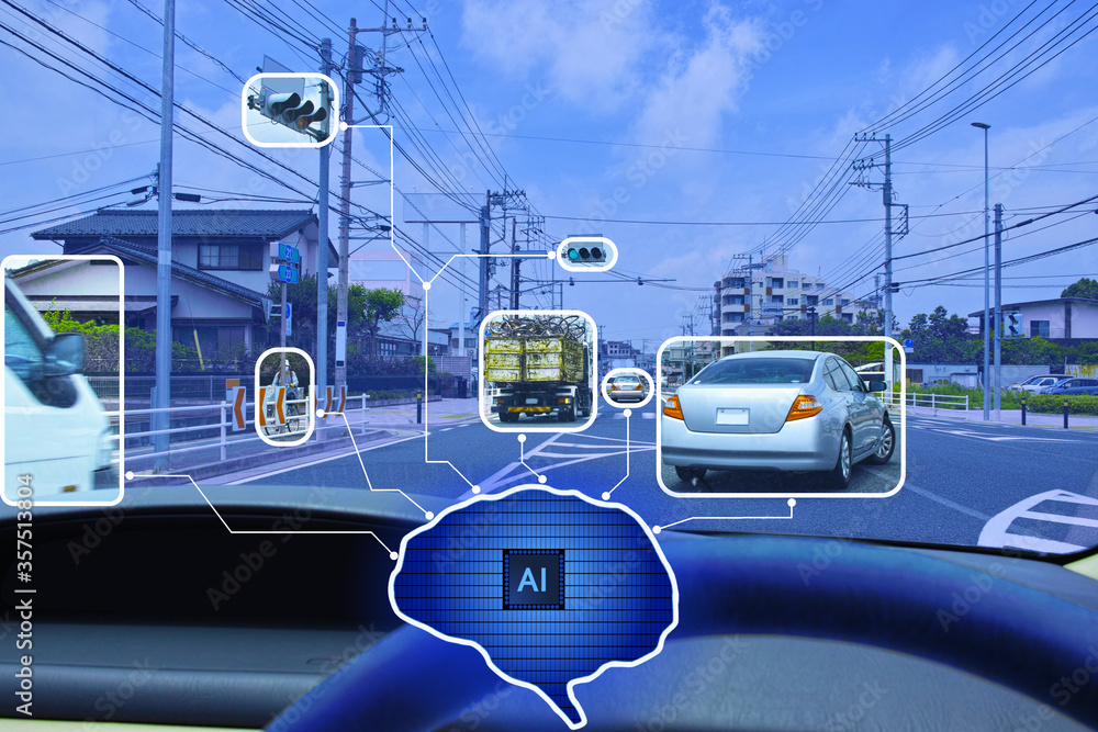 自動運転を表現したAIコンセプト。AIアルゴリズムを脳で表し、運転席から見た自動運転に対する制御情報をリンクするイメージ。
 - obrazy, fototapety, plakaty 