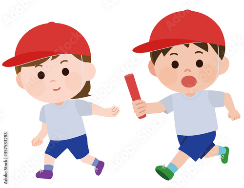 運動会 リレー バトントスする 男女 イラスト Vector De Stock Adobe Stock