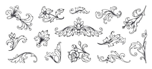 baroque ornament. vintage floral border elements, engraved leaves and frame filigree arabesque. vect
