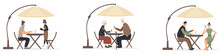 Set Of Men And Women Sitting At Tables Under Umbrella In Cafe Or Restaurant Talking To Each Other, Drinking Coffee Or Wine,making An Order To Waitress During Epidemic Of Virus. Vector Illustration