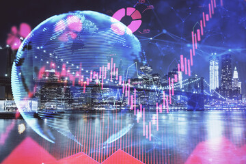 Fototapete - Double exposure of business theme hologram drawing and city veiw background. Concept of success.