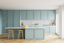 White And Blue Kitchen Interior With Bar