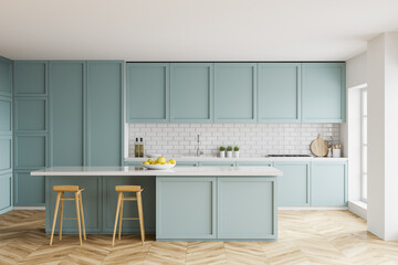 white and blue kitchen interior with bar