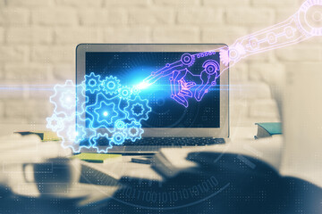 multi exposure of desktop computer and technology theme hologram. concept of software development.