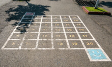 Kids Game Draw On The Pavement With Number And Squares.