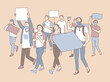 Young men and women holding banners in hands and protesting. Students activists with empty placards. Demonstration, political protest, activism, voting concept. People crowd. Flat vector illustration