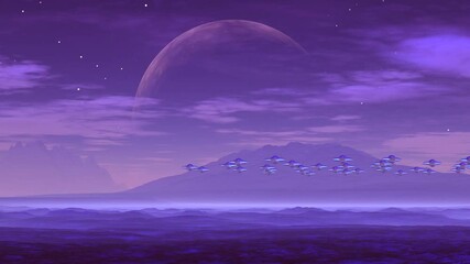 Wall Mural - UFO over Lilac Planet. A group of UFOs fly over the foggy hills. Over a large mountain huge planet (moon). On a dark starry sky slowly floating clouds.
