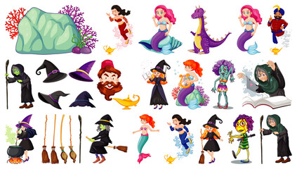 Wall Mural - Set of fantasy cartoon characters and fantasy theme isolated on white background