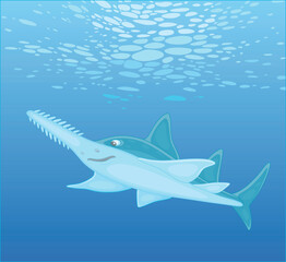 Wall Mural - Large sinister marine largetooth sawfish swimming in blue water of a tropical sea, vector cartoon illustration