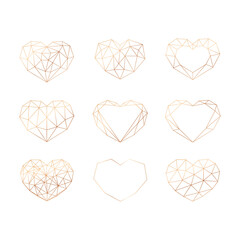 Set of gold geometric polygonal hearts. Vector icons isolated on white background