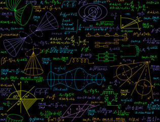 Math vector seamless pattern with handwritten multicolored formulas, calculations, equations