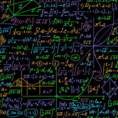 Wall Mural - Mathematical vector seamless pattern with handwritten multicolored math formulas, calculations, equations