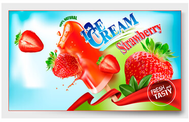 3 d.Strawberry ice cream.Popsicle ice cream on a stick.Slices of Strawberry. Picture for sale of fruit and ice cream. Vector image.