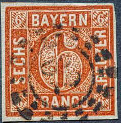 Wall Mural - Bavaria / Germany circa 1862: A stamp from Bavaria in Germany in brown showing the number 6 Kreuzer and the word Franco