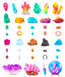 Crystal stone gem vector illustration icon set. Cartoon flat crystalline geological mineral, magic precious gemstone for jewellery, stony crystallization of natural quartz, amethyst isolated on white