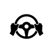 Hand holds the steering wheel of a car. Vector isolated icon.