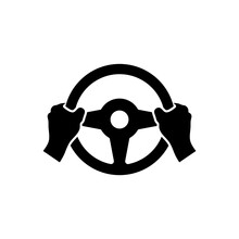 Hand Holds The Steering Wheel Of A Car. Vector Isolated Icon.