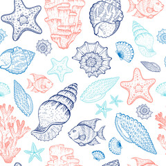 Wall Mural - Sea pattern with seashell, coral reef, starfish, algae. Vector seamless ocean illustration. Beach background in marine vintage style. Summer sketch graphic drawing with underwater tropical elements