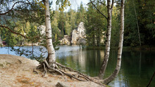 Birches on the shores of a mountain lake in The Adršpach-Teplice Rocks, Bohemia, Czech Republic, sandstone formations
