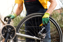 Man Lubricating Bicycle Chain Maintaining For The New Season