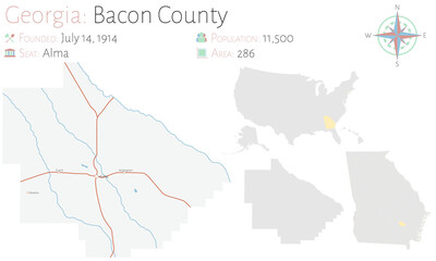  Large and detailed map of Bacon county in Georgia, USA.
