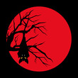 vampire bat hanging on bare tree branch against red full moon - halloween theme vector character design