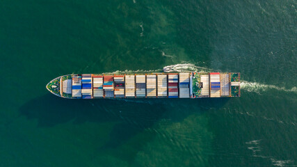 Aerial view container cargo ship in ocean, Business industry commerce global import export logistic transportation oversea worldwide, Sea shipping company vessel.