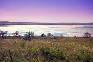 Wall Mural - Beautiful wilderness. Salt lake in a steppe. Nature landscape. Lakeshore on a sunny day