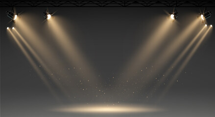 illuminated stage with scenic lights and smoke. blue vector spotlight with smoke volume light effect