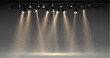 Vector stage with set of yellow spotlights. grey stage lights. realistic epty scene. illustartion
