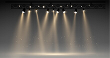 Vector Stage With Set Of Yellow Spotlights. Grey Stage Lights. Realistic Epty Scene. Illustartion
