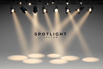 Wall Mural - spotlights empty scene. illuminated design. vector illustration. realistic stage with projector.