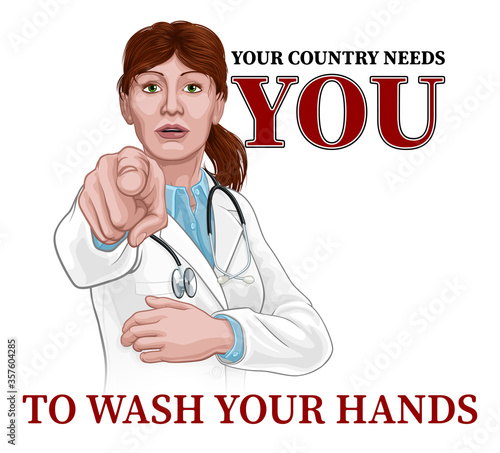 Fotomural A woman doctor pointing in a your country needs or wants you gesture