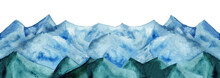 Hand-painted Watercolor Panorama Of Mountains With Green Hills Art Illustration For Textile Print Posters