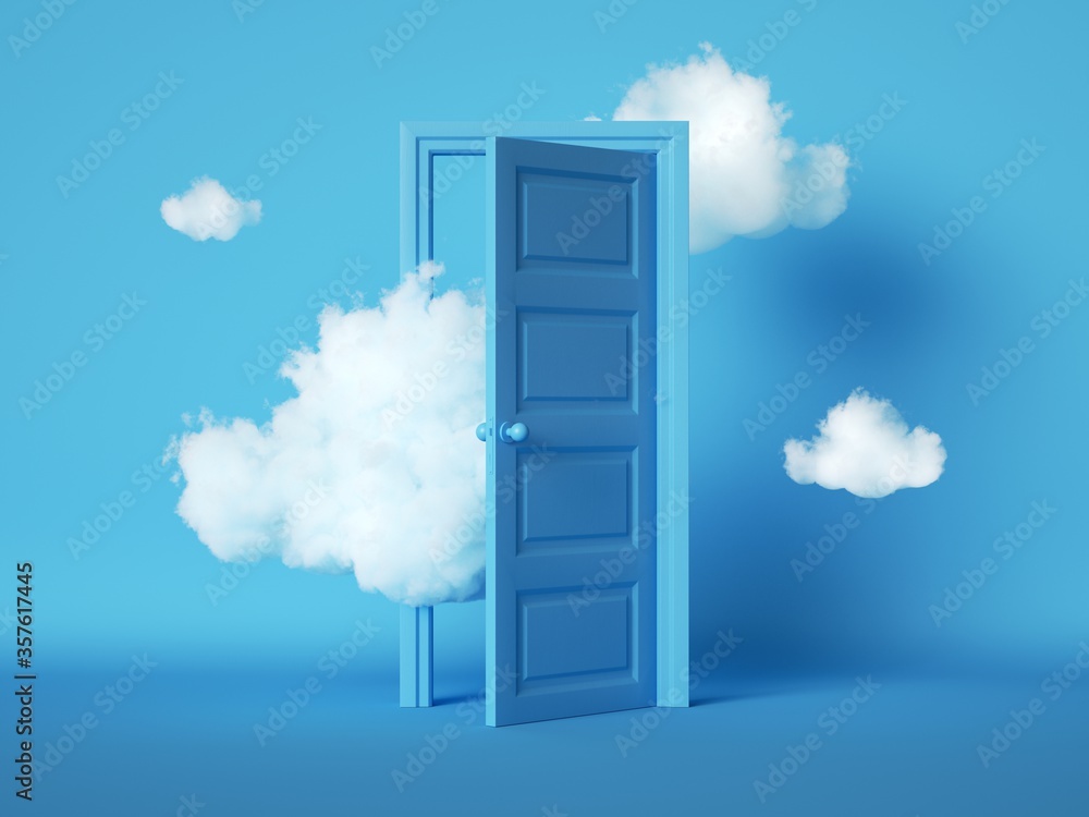 3d render, white fluffy clouds going through, flying out, open door, objects isolated on blue background. Door to haven abstract metaphor, modern minimal concept. Surreal dream scene - obrazy, fototapety, plakaty 