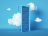 Fototapeta  - 3d render, white fluffy clouds going through, flying out, open door, objects isolated on blue background. Door to haven abstract metaphor, modern minimal concept. Surreal dream scene