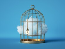 3d Render, Abstract White Cloud Caged Inside Golden Cage, Isolated On Blue Background.