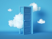 3d Render, White Fluffy Clouds Going Through, Flying Out, Open Door, Objects Isolated On Blue Background. Door To Haven Abstract Metaphor, Modern Minimal Concept. Surreal Dream Scene