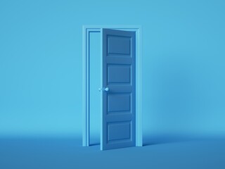 Wall Mural - 3d render, open door isolated on blue background. architectural design element. modern minimal conce