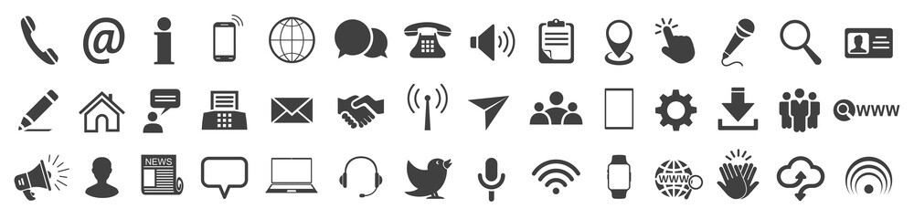 Set grey contact icons, communication signs - vector