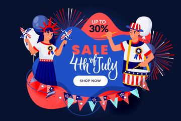 Wall Mural - 4th of July discount sale banner or poster design template. USA Independence Day celebrating. Vector illustration