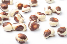 Belgian Seashells Traditional Chocolate Candies Close-up On A White Background
