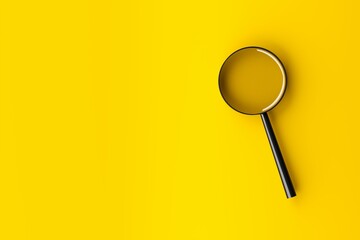 magnifying glass with shadow on yellow background with copy space - minimal information search, find