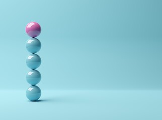 Pink sphere on stack of blue spheres on blue background, abstract modern minimal success, growth, progress or achievement concept