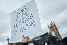 Black Lives Matter Protest In London. Denial BLM Banner
